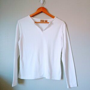 Vintage 1990s Mountain Lake V Neck White Long Sleeve Shirt